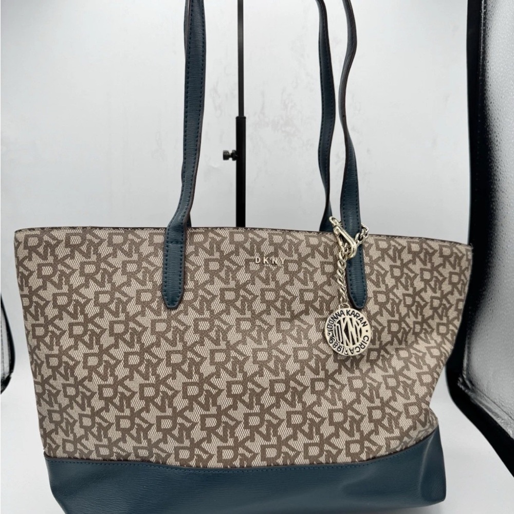 DKNY Green Monogram Print Leather Tote Bag